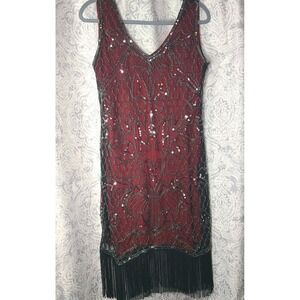 Vtg Style Gatsby Flapper Dress Red Black Beaded Sequins Fringe 1920s Art Deco